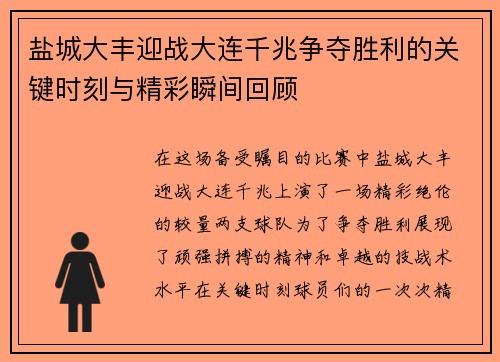 盐城大丰迎战大连千兆争夺胜利的关键时刻与精彩瞬间回顾
